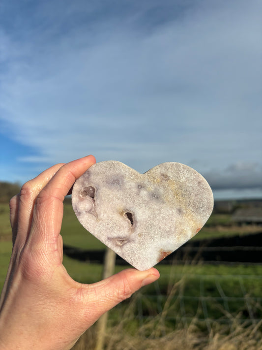 Purple Amethyst Druzy heart with carnelian ethically sourced from Madagascar calming energy stress relief self confidence joy warmth