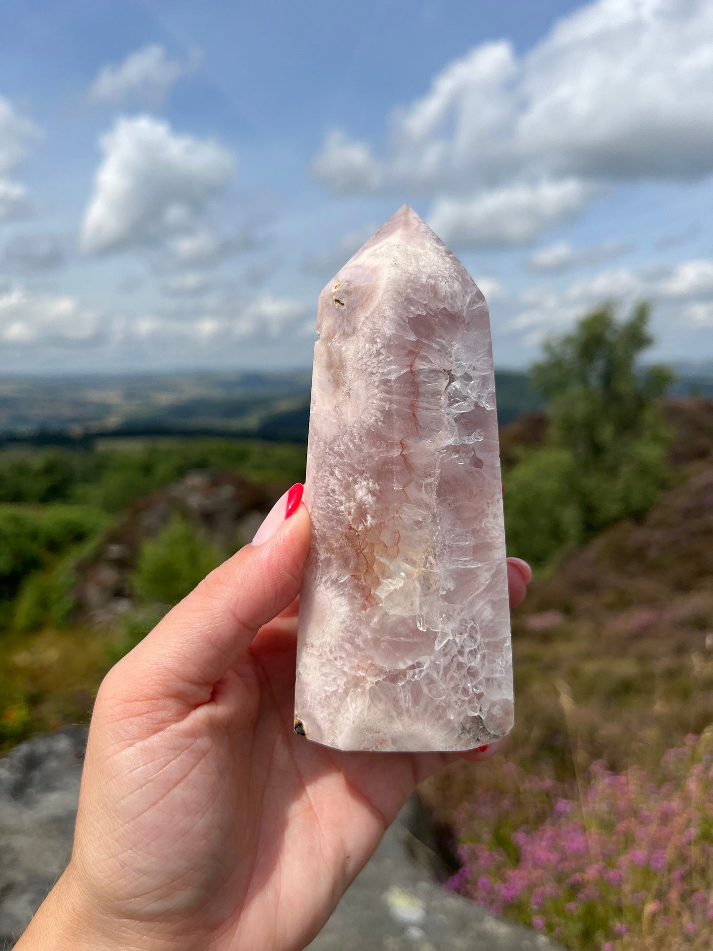 Pink Amethyst Purple Flower agate Strawberry Quartz Tower Rare ethical Crystal from Madagascar comforting, grounding and calming anxieties