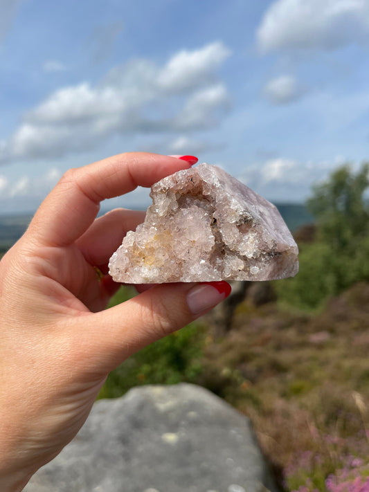 Pink Amethyst Flower agate strawberry citrine Chalcedony freeform Druzy cave high grade ethical Crystal from Madagascar comforting & calming