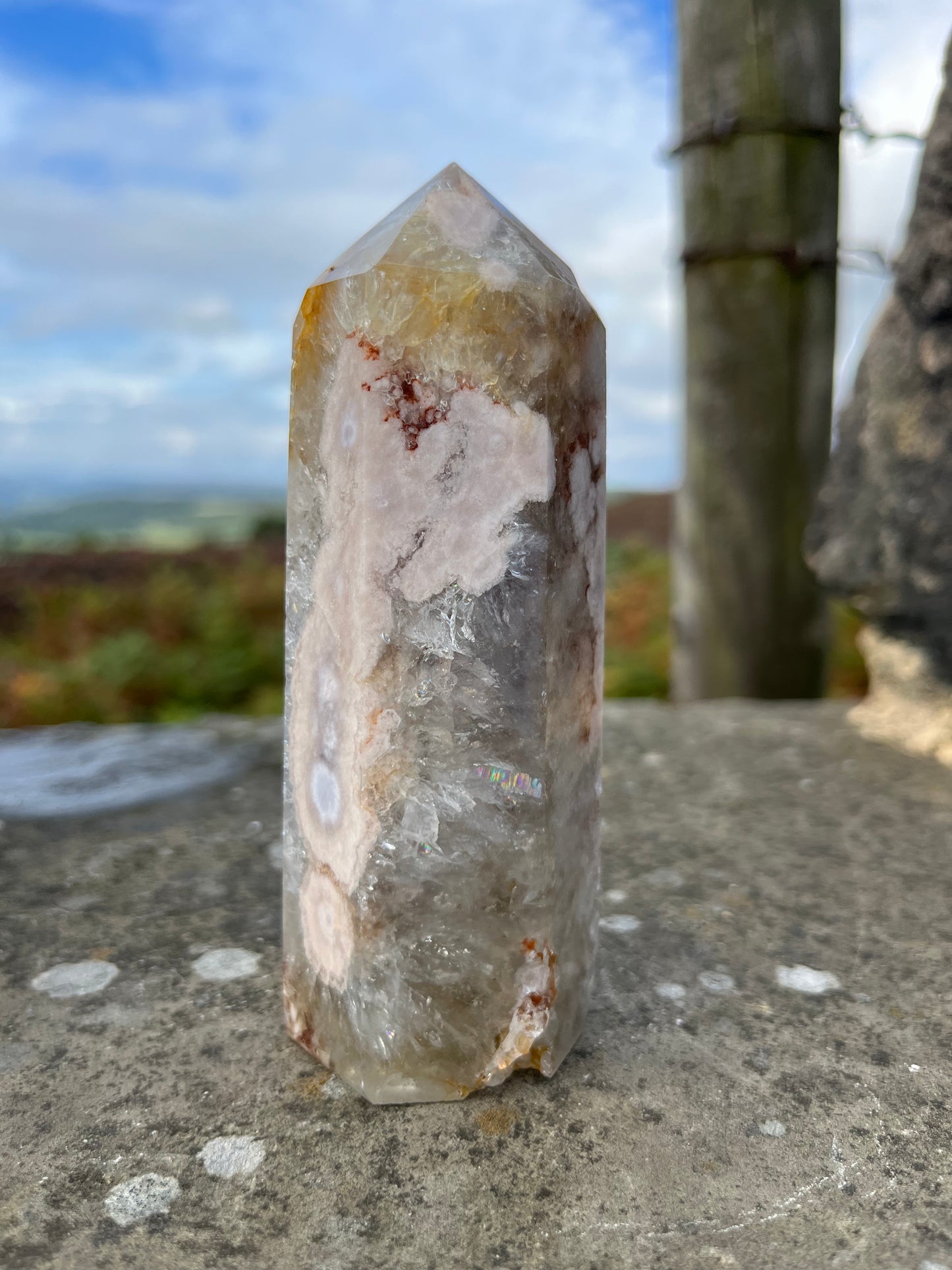 Green Amethyst with pink flower Agate tower ethically sourced from Brazil turning on intuition in relationships, peace & understanding