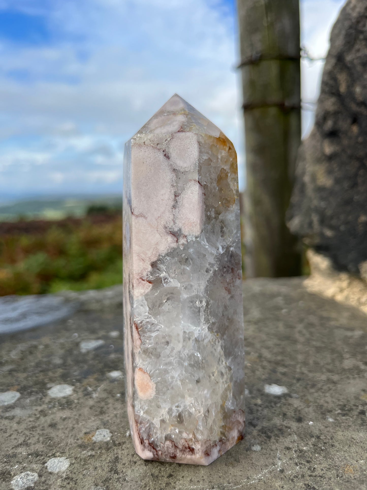 Green Amethyst with pink flower Agate tower ethically sourced from Brazil turning on intuition in relationships, peace & understanding