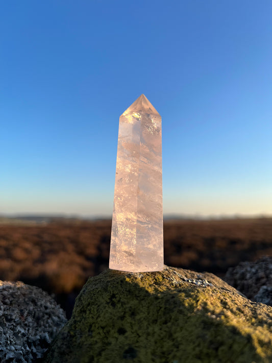 Rose Quartz decorative crystal tower healing the stone of love, self love, deep healing, fertility, eases guilt, releases tension