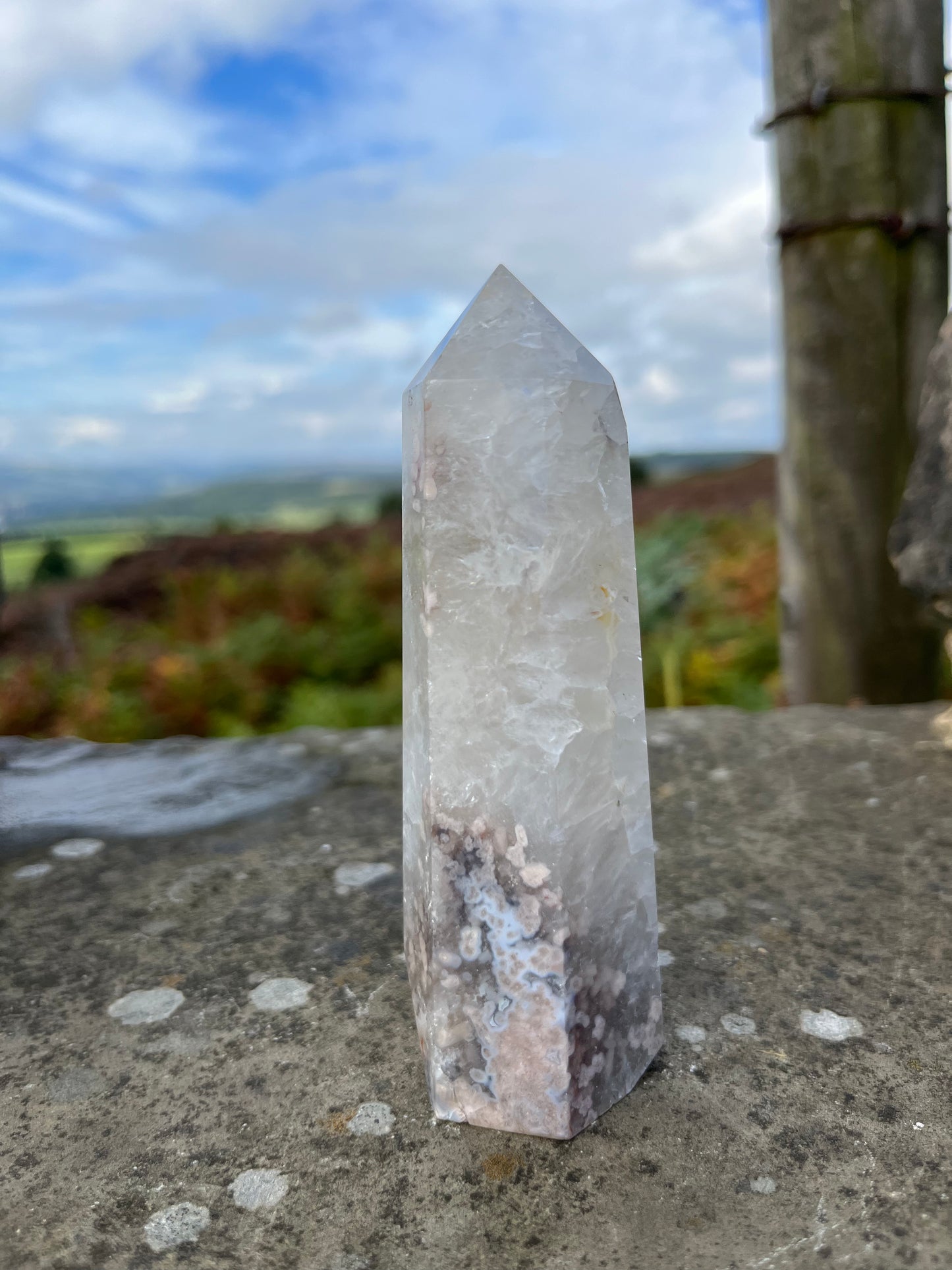 Green Amethyst with pink flower Agate tower ethically sourced from Brazil turning on intuition in relationships, peace & understanding