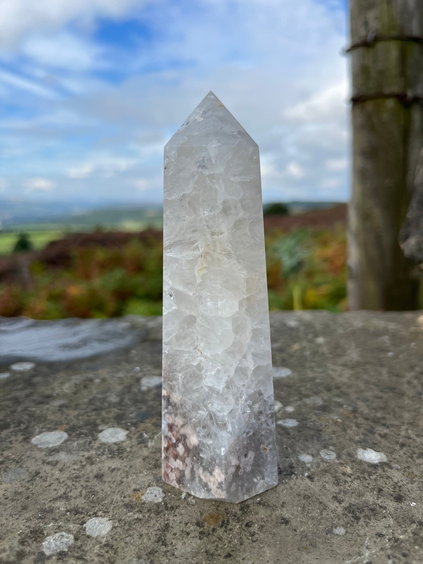 Green Amethyst with pink flower Agate tower ethically sourced from Brazil turning on intuition in relationships, peace & understanding