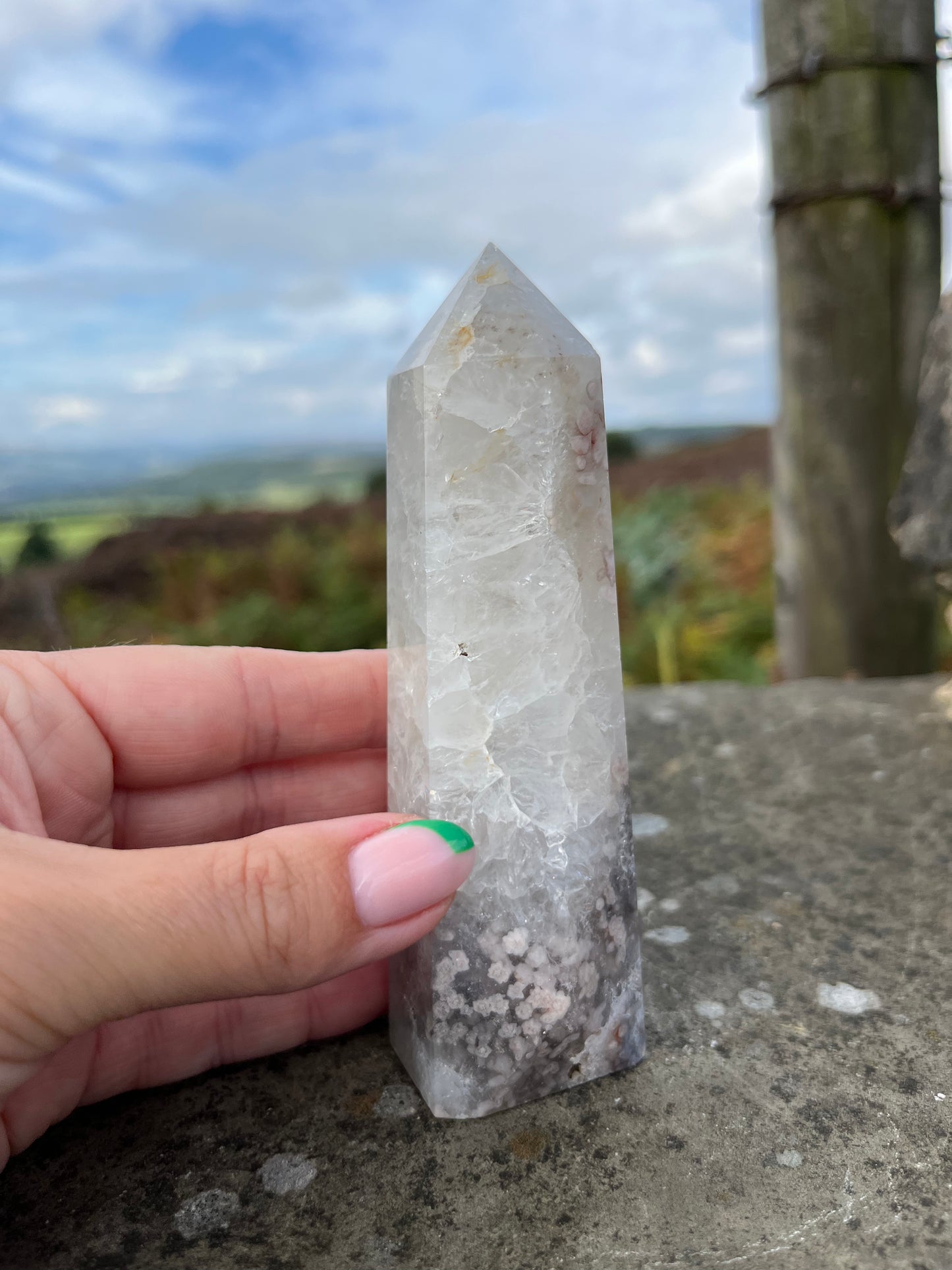 Green Amethyst with pink flower Agate tower ethically sourced from Brazil turning on intuition in relationships, peace & understanding