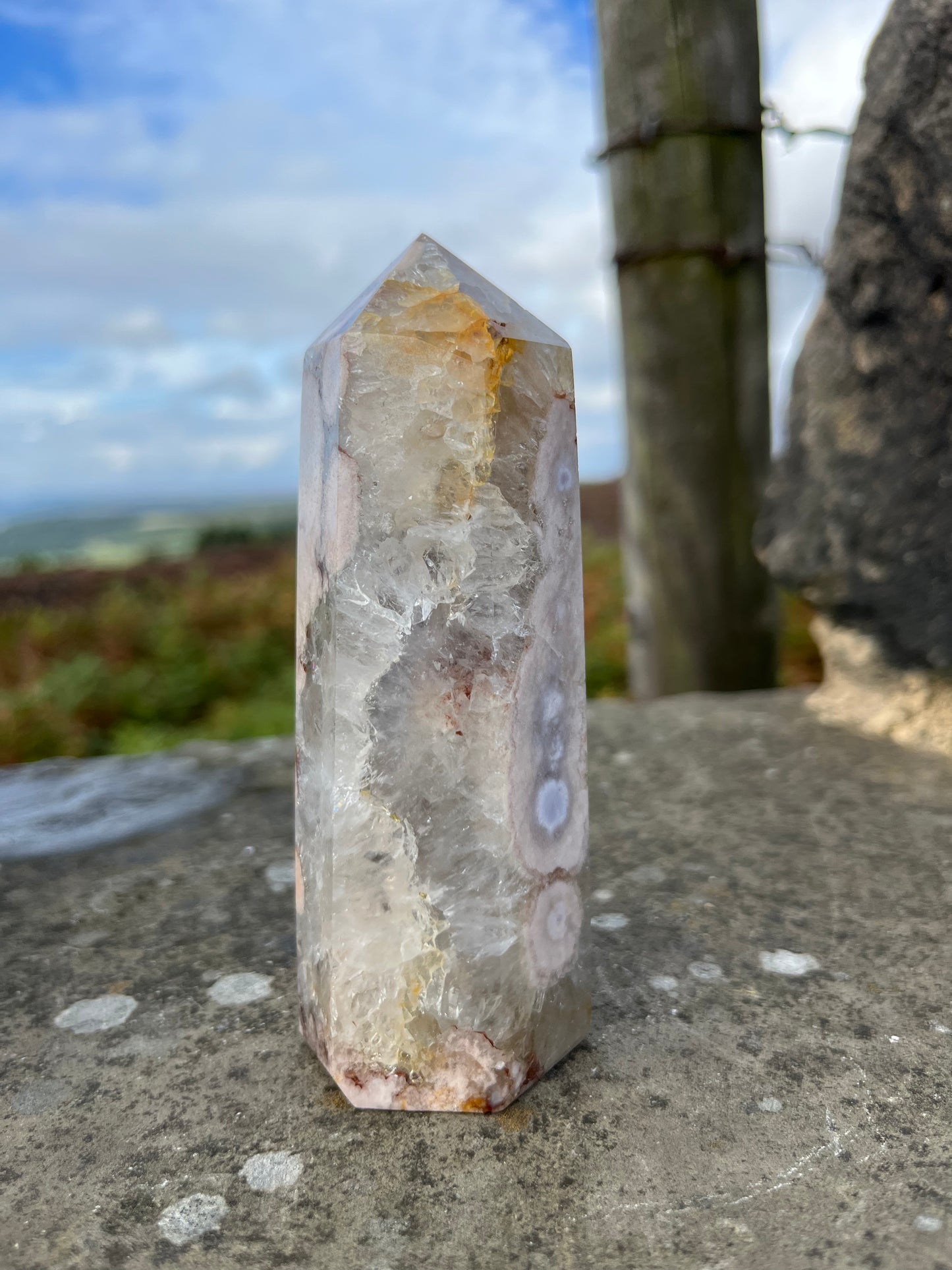 Green Amethyst with pink flower Agate tower ethically sourced from Brazil turning on intuition in relationships, peace & understanding