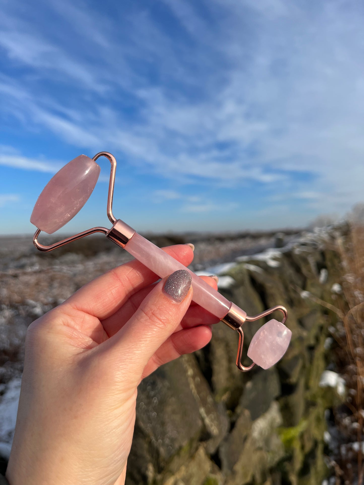 Rose Quartz facial massager roller tool and gua sha lymphatic drainage reducing wrinkles and puffiness helps with dark circles and pores