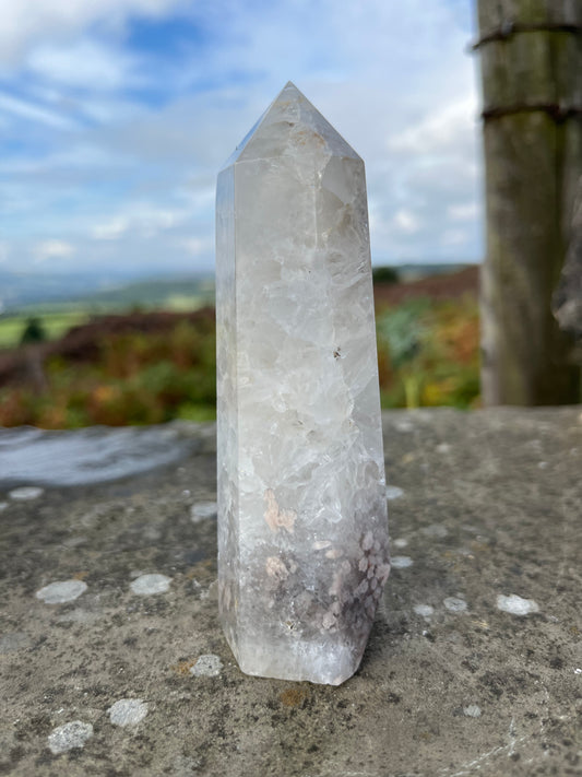 Green Amethyst with pink flower Agate tower ethically sourced from Brazil turning on intuition in relationships, peace & understanding