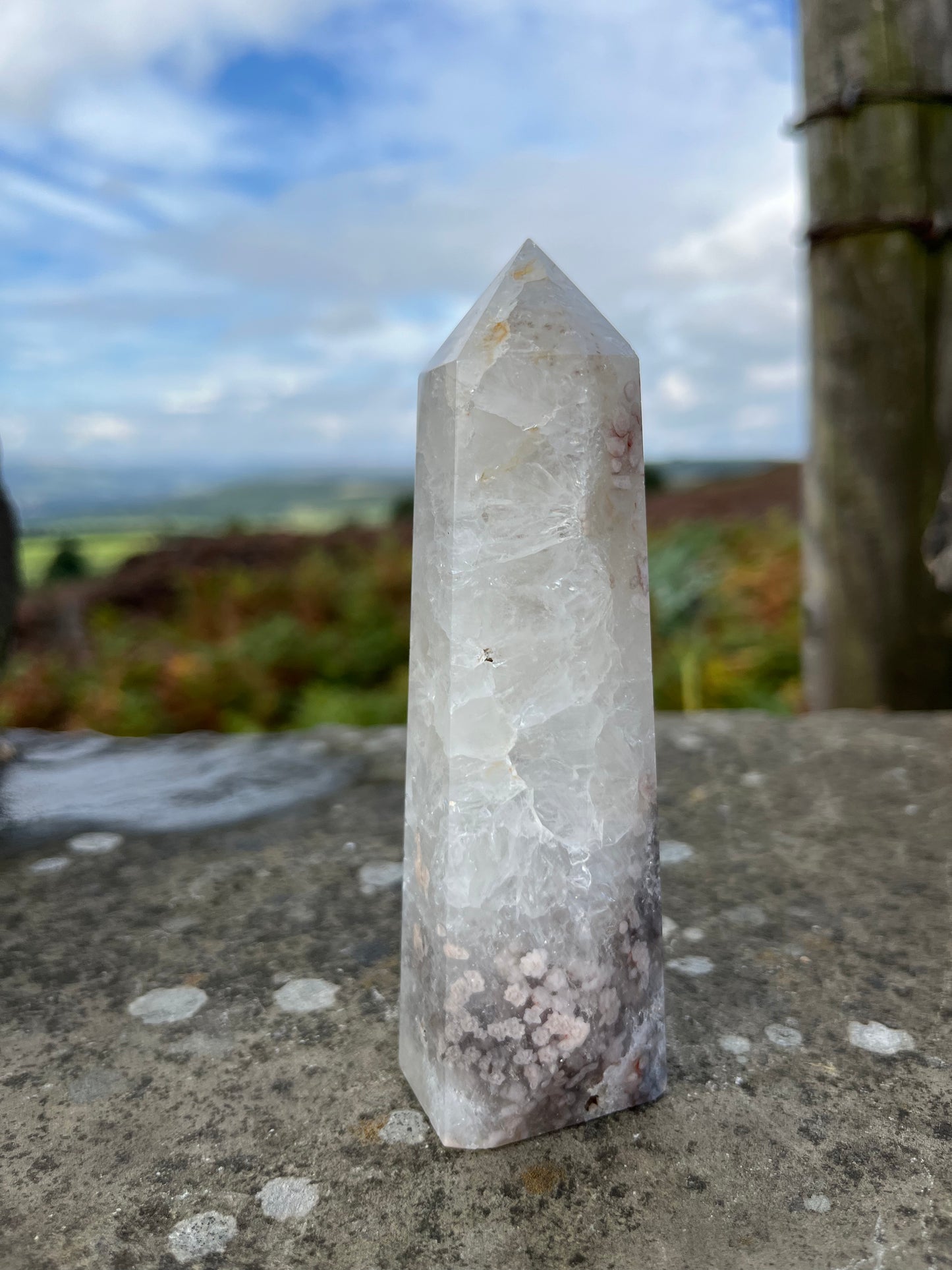 Green Amethyst with pink flower Agate tower ethically sourced from Brazil turning on intuition in relationships, peace & understanding