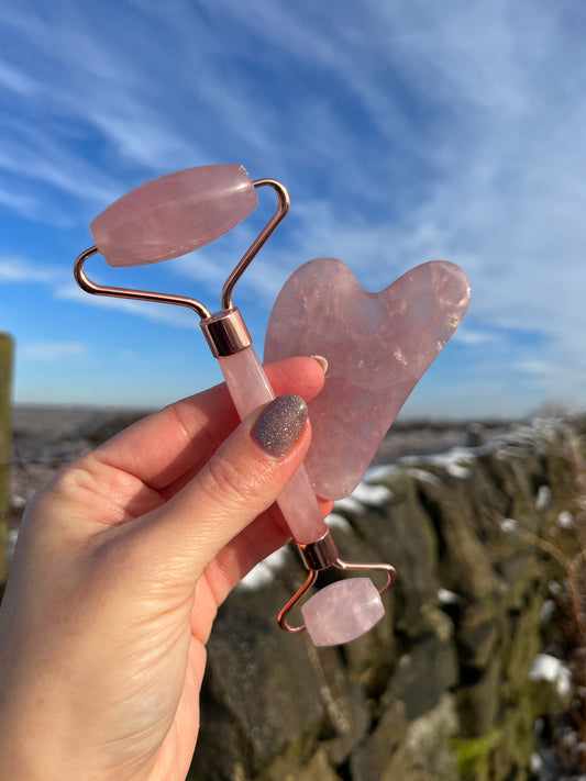 Rose Quartz facial massager roller tool and gua sha lymphatic drainage reducing wrinkles and puffiness helps with dark circles and pores