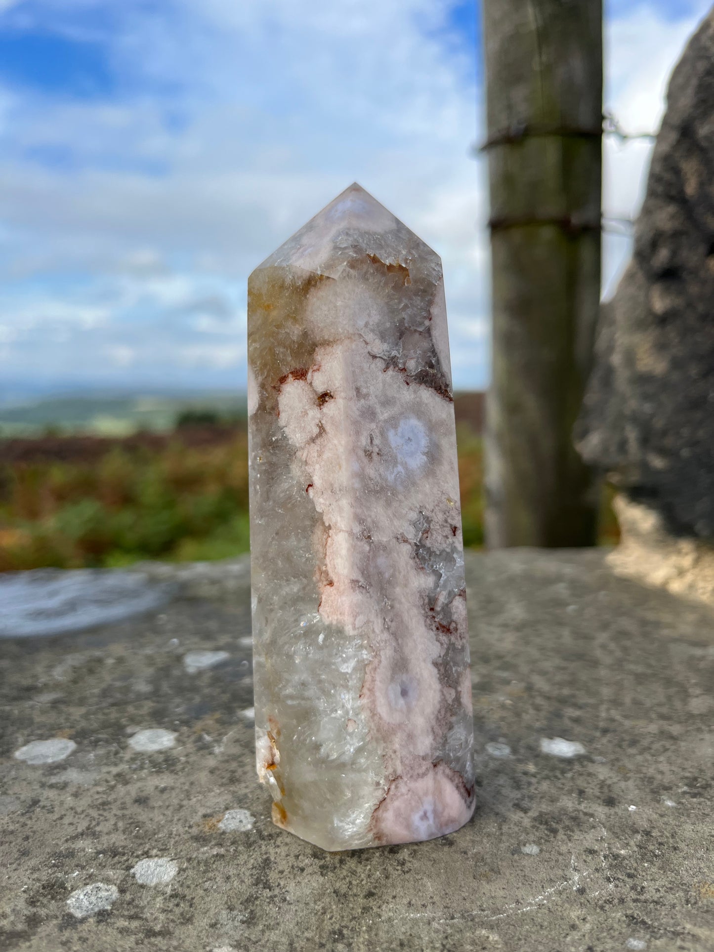 Green Amethyst with pink flower Agate tower ethically sourced from Brazil turning on intuition in relationships, peace & understanding